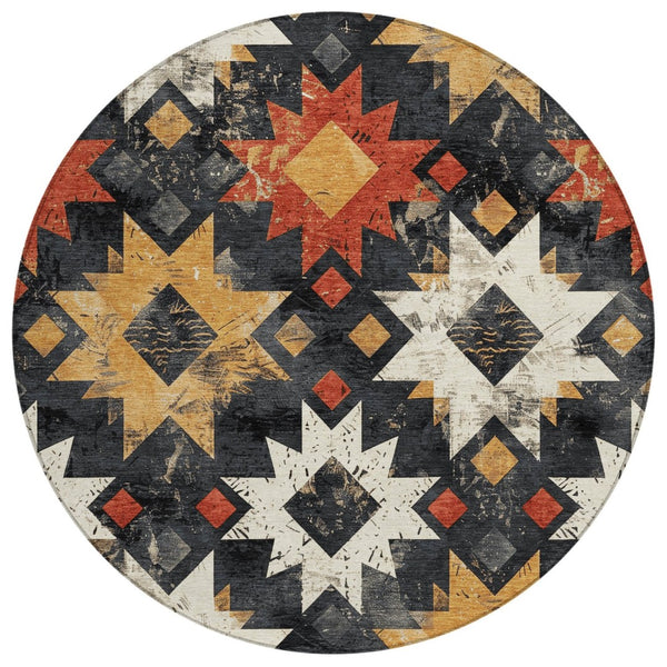 HomeRoots 8' Round Aztec Rug in Black, Gold & Rust - Washable, Durable Indoor/Outdoor Area Rug for All Spaces 623739