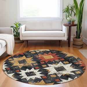 HomeRoots 8' Round Aztec Rug in Black, Gold & Rust - Washable, Durable Indoor/Outdoor Area Rug for All Spaces 623739