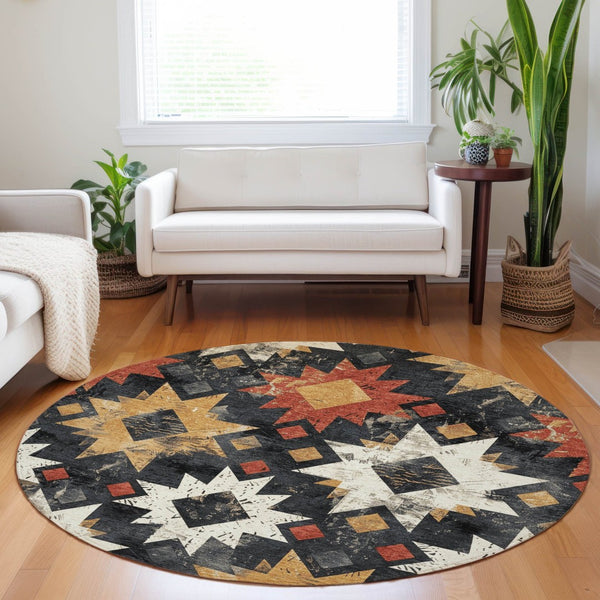HomeRoots 8' Round Aztec Rug in Black, Gold & Rust - Washable, Durable Indoor/Outdoor Area Rug for All Spaces 623739