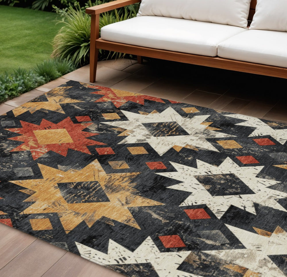 HomeRoots 8' X 10' Aztec Washable Indoor Outdoor Rug - Bold Black Gold Rust Design for High-Traffic Areas 623740