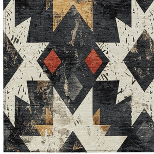 HomeRoots 8' X 10' Aztec Washable Indoor Outdoor Rug - Bold Black Gold Rust Design for High-Traffic Areas 623740