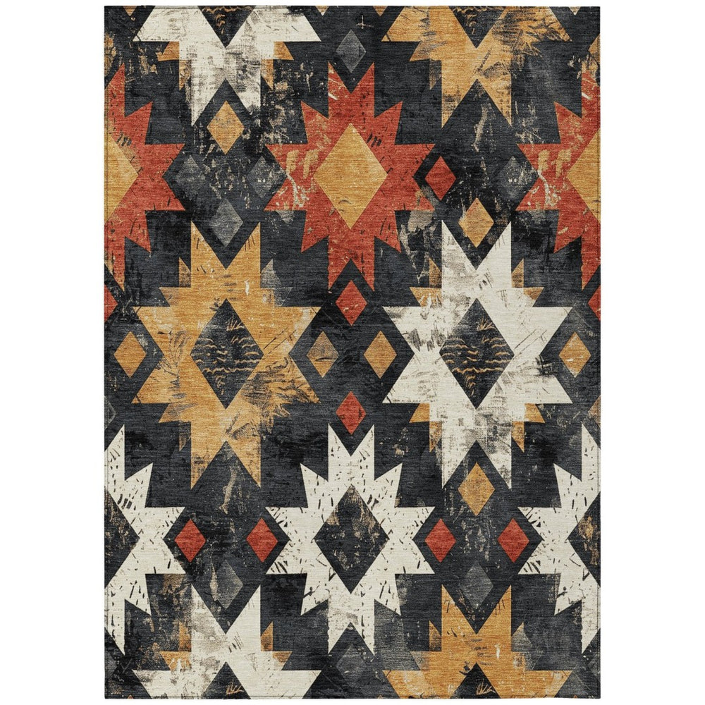 HomeRoots 8' X 10' Aztec Washable Indoor Outdoor Rug - Bold Black Gold Rust Design for High-Traffic Areas 623740