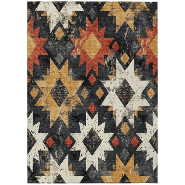 HomeRoots 8' X 10' Aztec Washable Indoor Outdoor Rug - Bold Black Gold Rust Design for High-Traffic Areas 623740