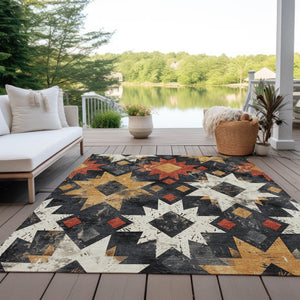 HomeRoots 10' Aztec-Inspired Black, Gold & Rust Washable Area Rug for Indoor/Outdoor Use – Durable & Stylish! 623742