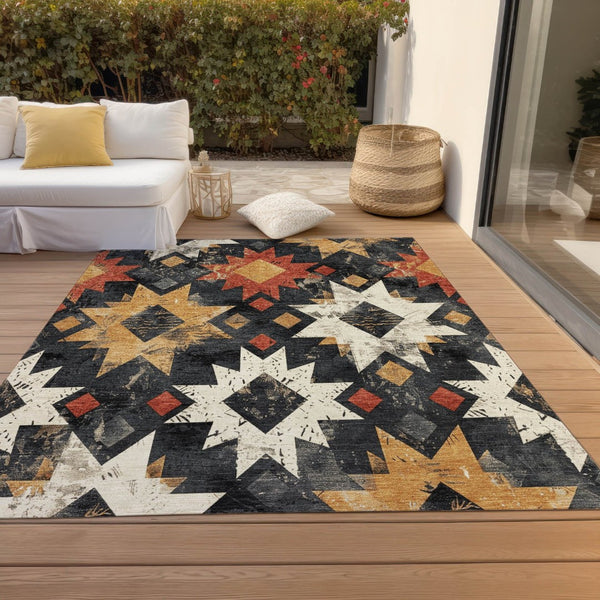 HomeRoots 10' Aztec-Inspired Black, Gold & Rust Washable Area Rug for Indoor/Outdoor Use – Durable & Stylish! 623742