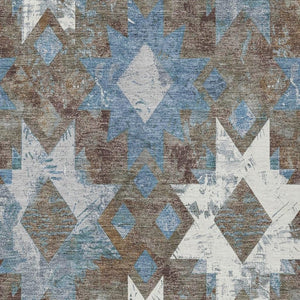 HomeRoots 5' Aztec Area Rug - Durable, Washable, Indoor/Outdoor, Brown & Denim Blue Design for All Spaces! 623744