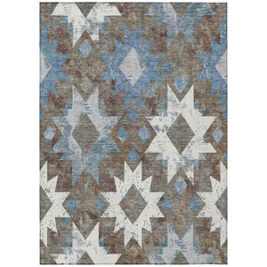 HomeRoots 5' Aztec Area Rug - Durable, Washable, Indoor/Outdoor, Brown & Denim Blue Design for All Spaces! 623744
