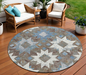 HomeRoots 8' Round Aztec Washable Rug in Brown, Ivory & Denim Blue - Indoor/Outdoor Durable & Stylish Design 623745