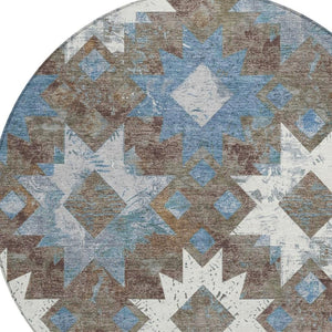 HomeRoots 8' Round Aztec Washable Rug in Brown, Ivory & Denim Blue - Indoor/Outdoor Durable & Stylish Design 623745