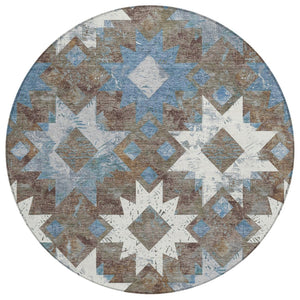 HomeRoots 8' Round Aztec Washable Rug in Brown, Ivory & Denim Blue - Indoor/Outdoor Durable & Stylish Design 623745