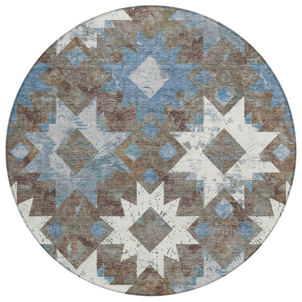 HomeRoots 8' Round Aztec Washable Rug in Brown, Ivory & Denim Blue - Indoor/Outdoor Durable & Stylish Design 623745