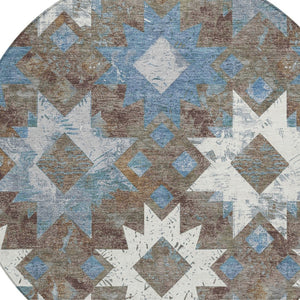 HomeRoots 8' Round Aztec Washable Rug in Brown, Ivory & Denim Blue - Indoor/Outdoor Durable & Stylish Design 623745