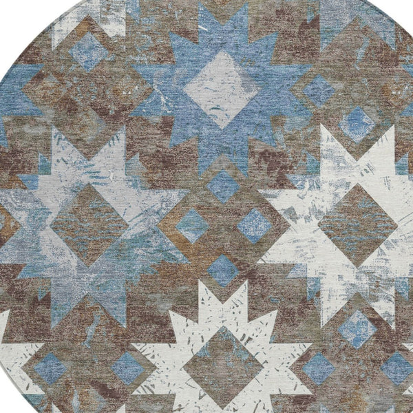 HomeRoots 8' Round Aztec Washable Rug in Brown, Ivory & Denim Blue - Indoor/Outdoor Durable & Stylish Design 623745