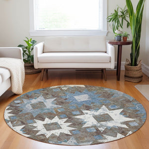 HomeRoots 8' Round Aztec Washable Rug in Brown, Ivory & Denim Blue - Indoor/Outdoor Durable & Stylish Design 623745