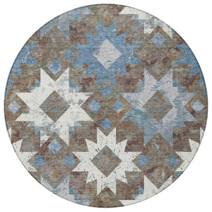 HomeRoots 8' Round Aztec Washable Rug in Brown, Ivory & Denim Blue - Indoor/Outdoor Durable & Stylish Design 623745