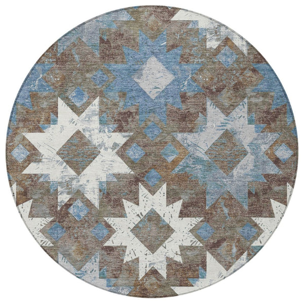 HomeRoots 8' Round Aztec Washable Rug in Brown, Ivory & Denim Blue - Indoor/Outdoor Durable & Stylish Design 623745