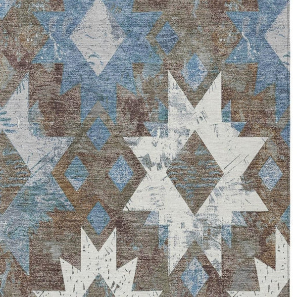 HomeRoots 8' X 10' Stylish Aztec Washable Area Rug in Brown, Ivory & Denim Blue - Perfect for Indoor/Outdoor Use! 623746