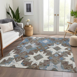 HomeRoots 8' X 10' Stylish Aztec Washable Area Rug in Brown, Ivory & Denim Blue - Perfect for Indoor/Outdoor Use! 623746