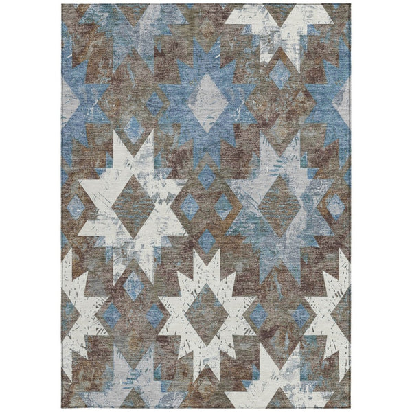 HomeRoots 10' Stylish Aztec Washable Area Rug in Brown, Ivory & Denim Blue - Durable for Indoor/Outdoor Use! 623748