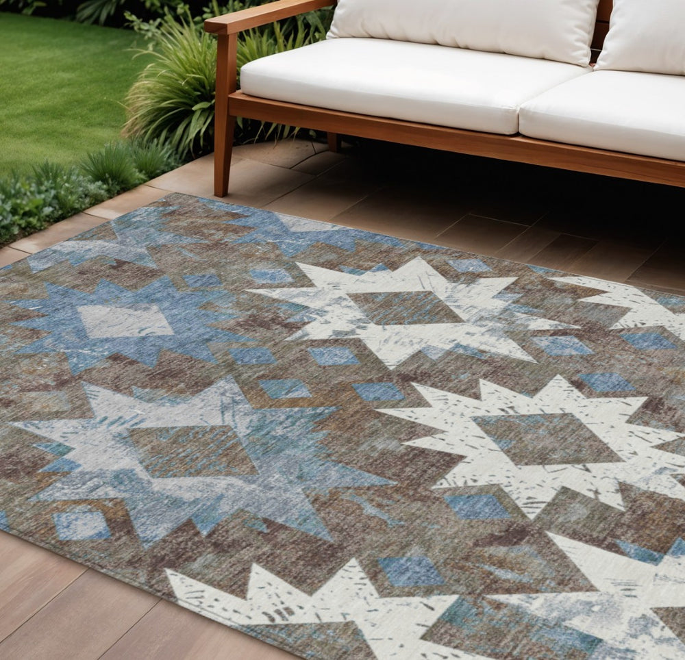HomeRoots 10' Stylish Aztec Washable Area Rug in Brown, Ivory & Denim Blue - Durable for Indoor/Outdoor Use! 623748