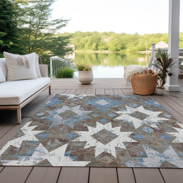 HomeRoots 10' Stylish Aztec Washable Area Rug in Brown, Ivory & Denim Blue - Durable for Indoor/Outdoor Use! 623748