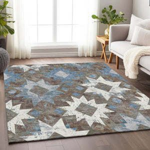 HomeRoots 10' Stylish Aztec Washable Area Rug in Brown, Ivory & Denim Blue - Durable for Indoor/Outdoor Use! 623748