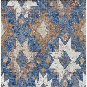HomeRoots 5' X 8' Aztec Washable Area Rug in Blue, Brown & Ivory - Perfect for Indoor & Outdoor Spaces! 623750