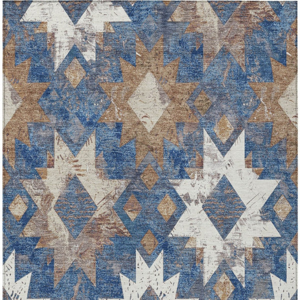 HomeRoots 5' X 8' Aztec Washable Area Rug in Blue, Brown & Ivory - Perfect for Indoor & Outdoor Spaces! 623750