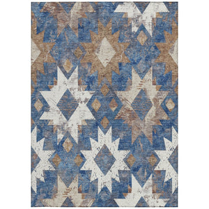 HomeRoots 5' X 8' Aztec Washable Area Rug in Blue, Brown & Ivory - Perfect for Indoor & Outdoor Spaces! 623750