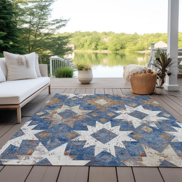 HomeRoots 5' X 8' Aztec Washable Area Rug in Blue, Brown & Ivory - Perfect for Indoor & Outdoor Spaces! 623750