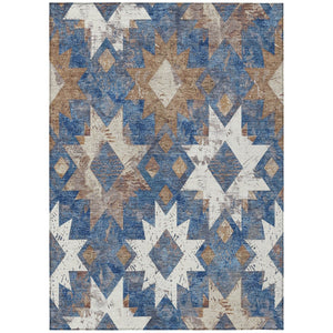 HomeRoots 5' X 8' Aztec Washable Area Rug in Blue, Brown & Ivory - Perfect for Indoor & Outdoor Spaces! 623750