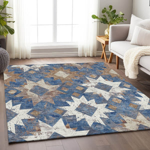 HomeRoots 5' X 8' Aztec Washable Area Rug in Blue, Brown & Ivory - Perfect for Indoor & Outdoor Spaces! 623750