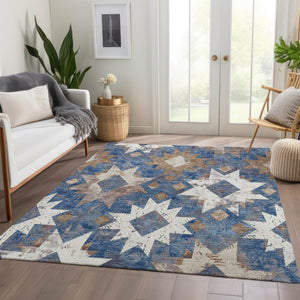 HomeRoots 5' X 8' Aztec Washable Area Rug in Blue, Brown & Ivory - Perfect for Indoor & Outdoor Spaces! 623750