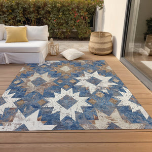 HomeRoots 5' X 8' Aztec Washable Area Rug in Blue, Brown & Ivory - Perfect for Indoor & Outdoor Spaces! 623750
