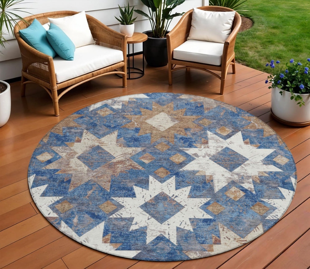 HomeRoots 8' Round Aztec Indoor Outdoor Area Rug in Blue, Brown & Ivory - Durable, Washable, Stylish Accent 623751