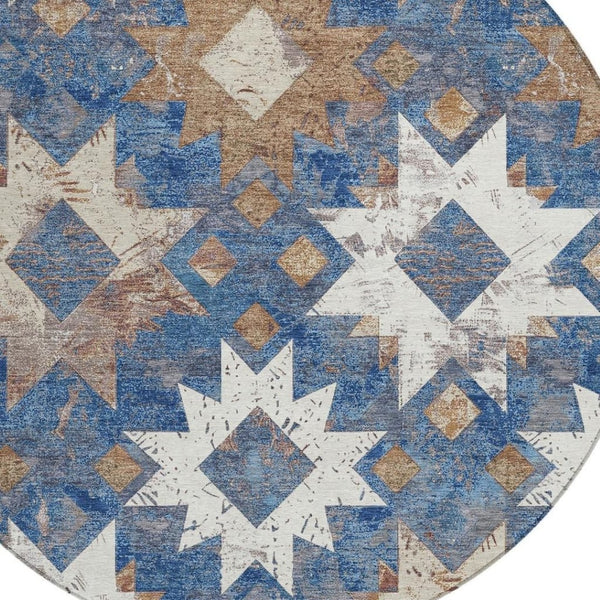 HomeRoots 8' Round Aztec Indoor Outdoor Area Rug in Blue, Brown & Ivory - Durable, Washable, Stylish Accent 623751