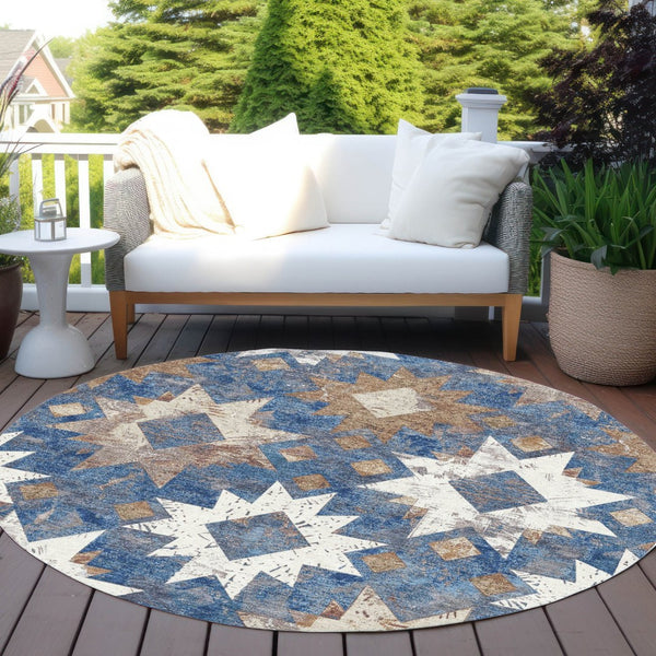HomeRoots 8' Round Aztec Indoor Outdoor Area Rug in Blue, Brown & Ivory - Durable, Washable, Stylish Accent 623751