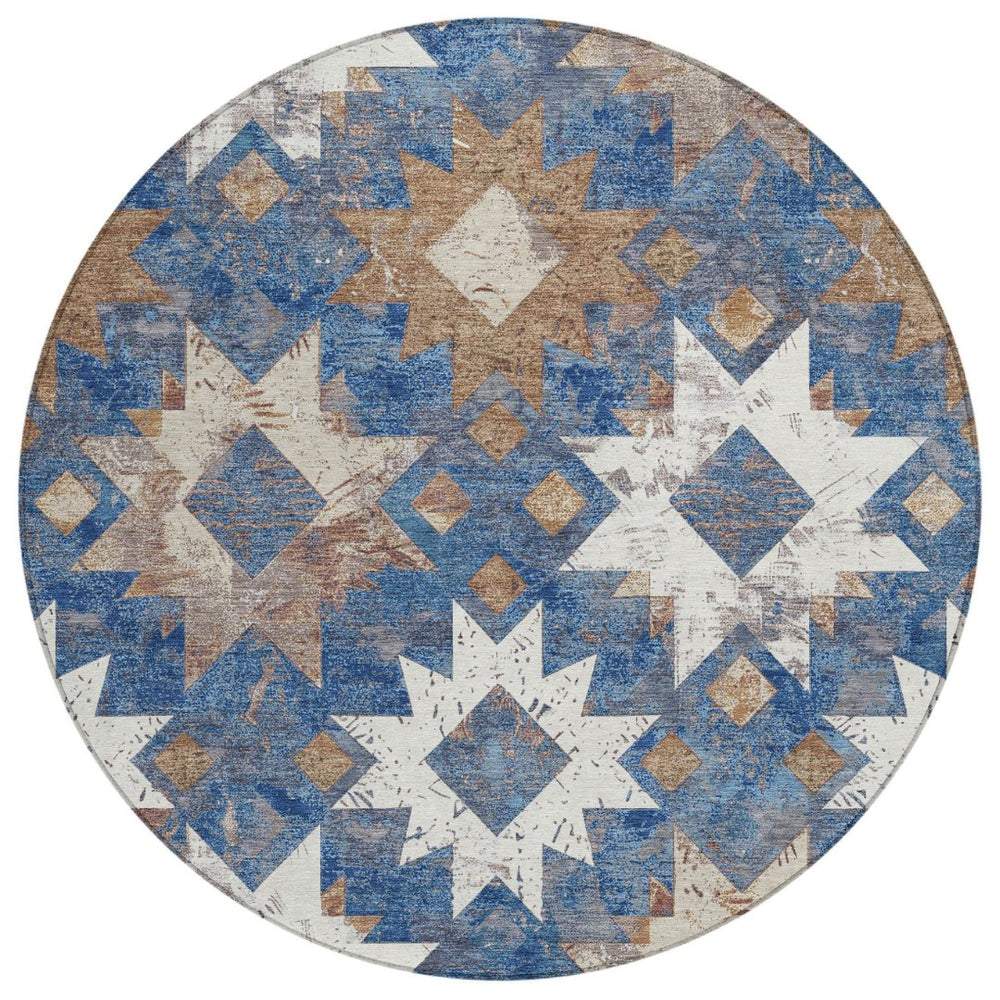 HomeRoots 8' Round Aztec Indoor Outdoor Area Rug in Blue, Brown & Ivory - Durable, Washable, Stylish Accent 623751