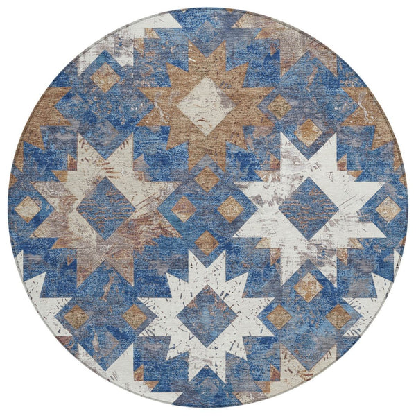 HomeRoots 8' Round Aztec Indoor Outdoor Area Rug in Blue, Brown & Ivory - Durable, Washable, Stylish Accent 623751