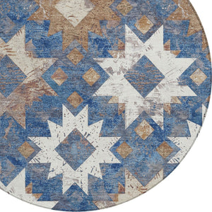 HomeRoots 8' Round Aztec Indoor Outdoor Area Rug in Blue, Brown & Ivory - Durable, Washable, Stylish Accent 623751