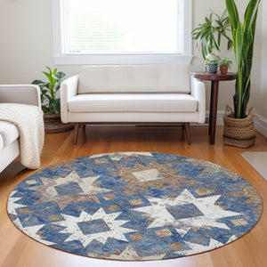 HomeRoots 8' Round Aztec Indoor Outdoor Area Rug in Blue, Brown & Ivory - Durable, Washable, Stylish Accent 623751