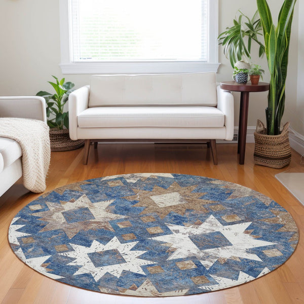 HomeRoots 8' Round Aztec Indoor Outdoor Area Rug in Blue, Brown & Ivory - Durable, Washable, Stylish Accent 623751