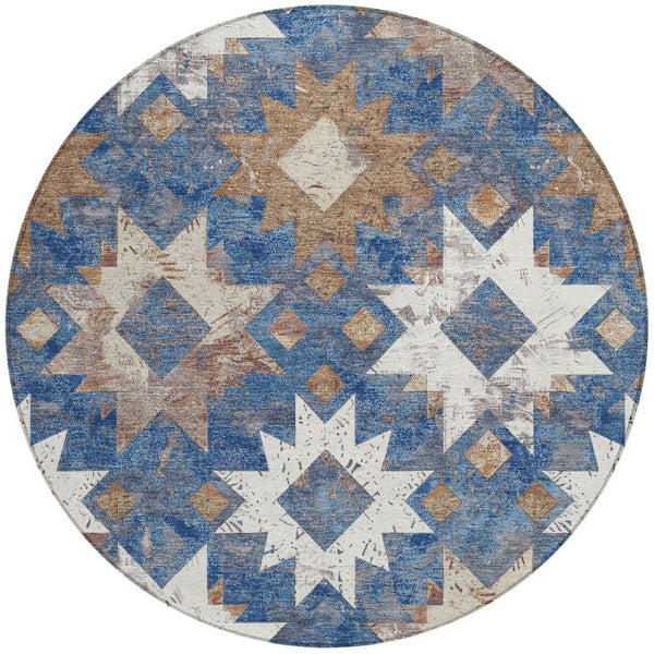 HomeRoots 8' Round Aztec Indoor Outdoor Area Rug in Blue, Brown & Ivory - Durable, Washable, Stylish Accent 623751