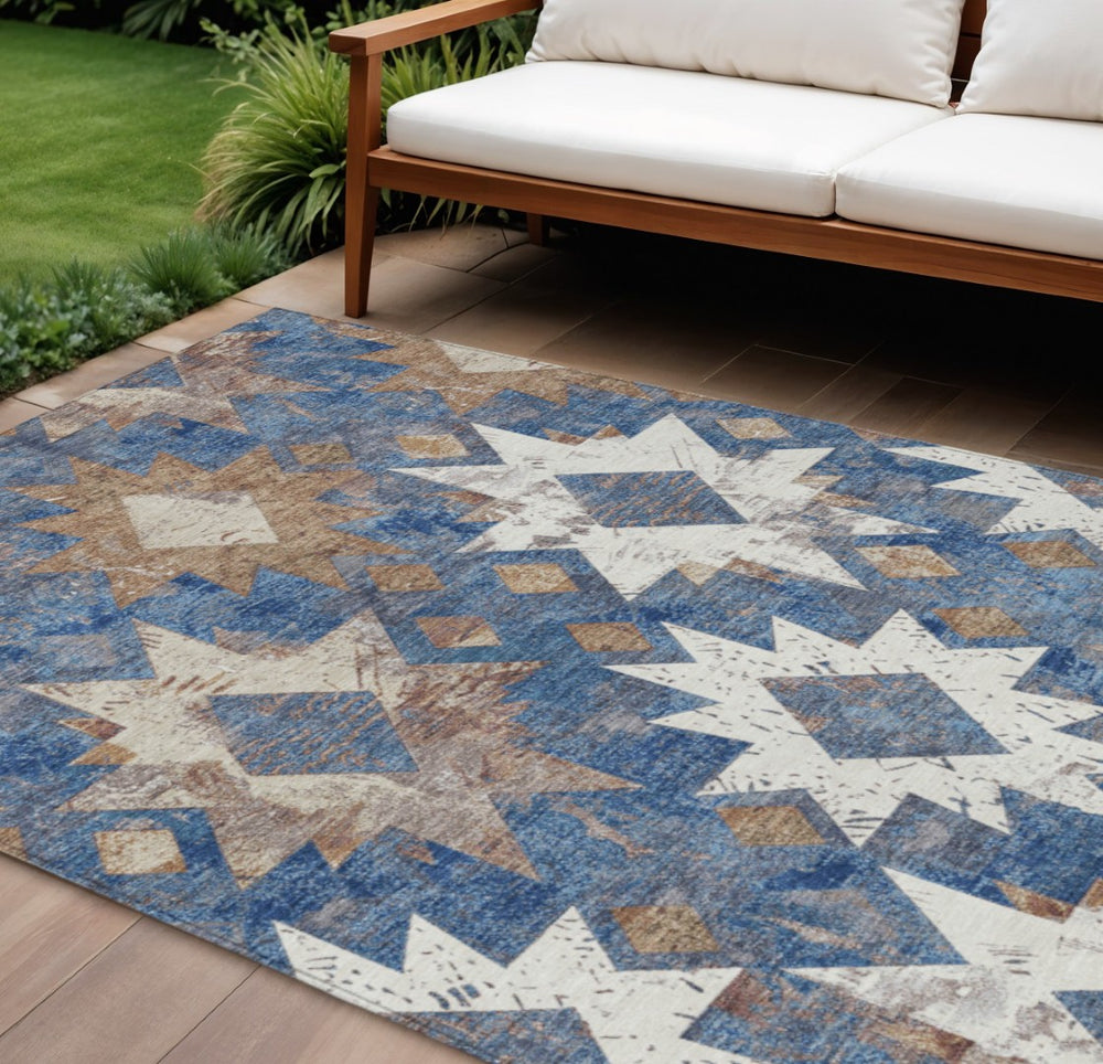 HomeRoots 9' Indoor Outdoor Aztec Area Rug in Blue, Brown & Ivory – Washable, Durable, Stylish & Versatile! 623753