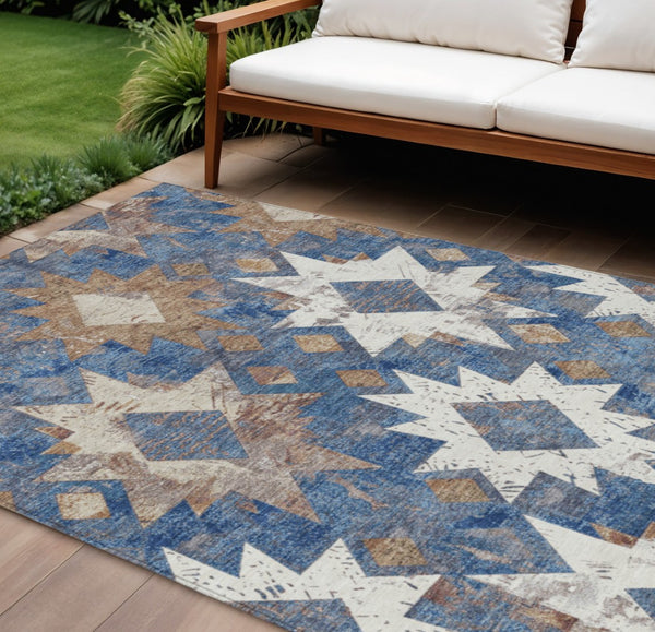HomeRoots 9' Indoor Outdoor Aztec Area Rug in Blue, Brown & Ivory – Washable, Durable, Stylish & Versatile! 623753