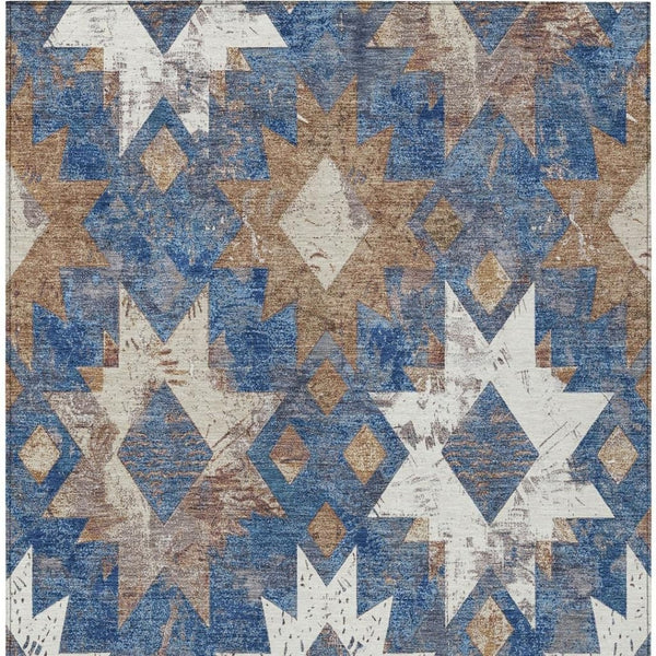HomeRoots 10' Stylish Aztec Washable Indoor Outdoor Area Rug in Blue, Brown & Ivory - Durable, Versatile Design! 623754
