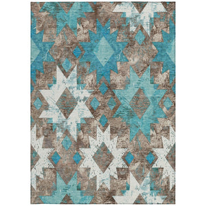 HomeRoots 5' Teal Blue Brown Ivory Aztec Washable Indoor Outdoor Area Rug - Durable, Stylish, Low-Maintenance Design 623768