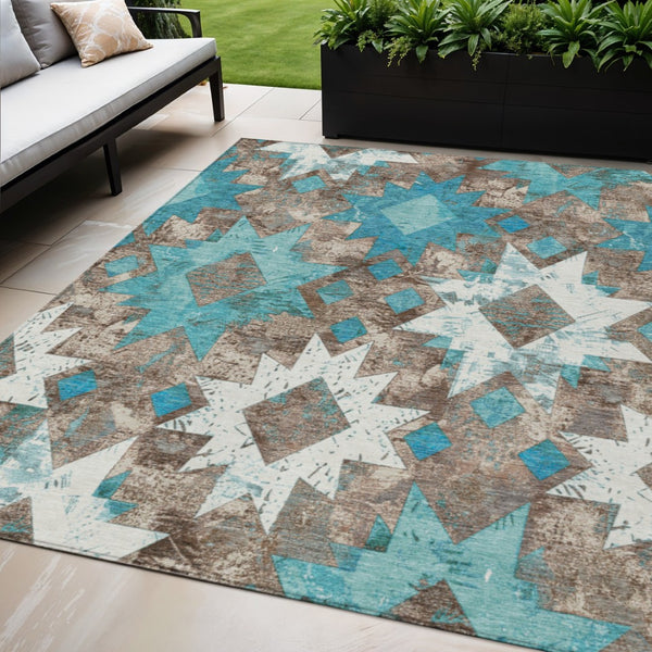 HomeRoots 5' Teal Blue Brown Ivory Aztec Washable Indoor Outdoor Area Rug - Durable, Stylish, Low-Maintenance Design 623768