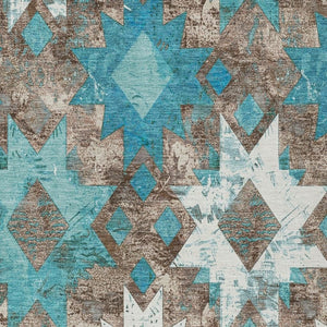 HomeRoots 5' Teal Blue Brown Ivory Aztec Washable Indoor Outdoor Area Rug - Durable, Stylish, Low-Maintenance Design 623768