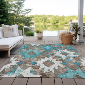 HomeRoots 5' Teal Blue Brown Ivory Aztec Washable Indoor Outdoor Area Rug - Durable, Stylish, Low-Maintenance Design 623768